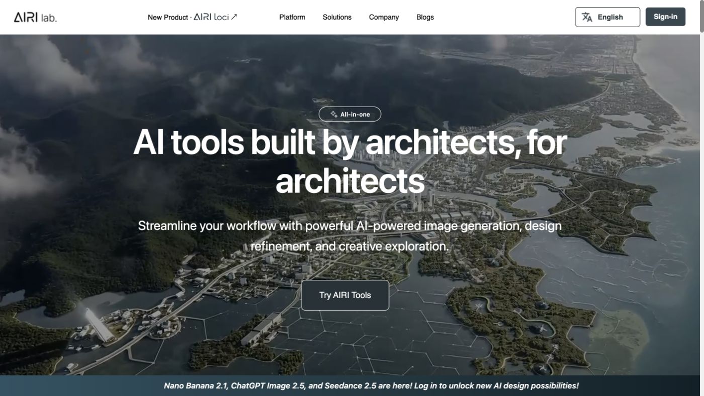 The public AIRI Lab homepage showing AI tools for architectural design
